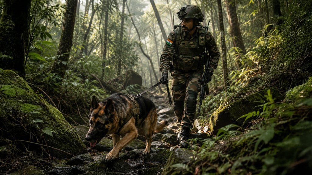 A german shepherd K9 dog and an army personnel on duty.