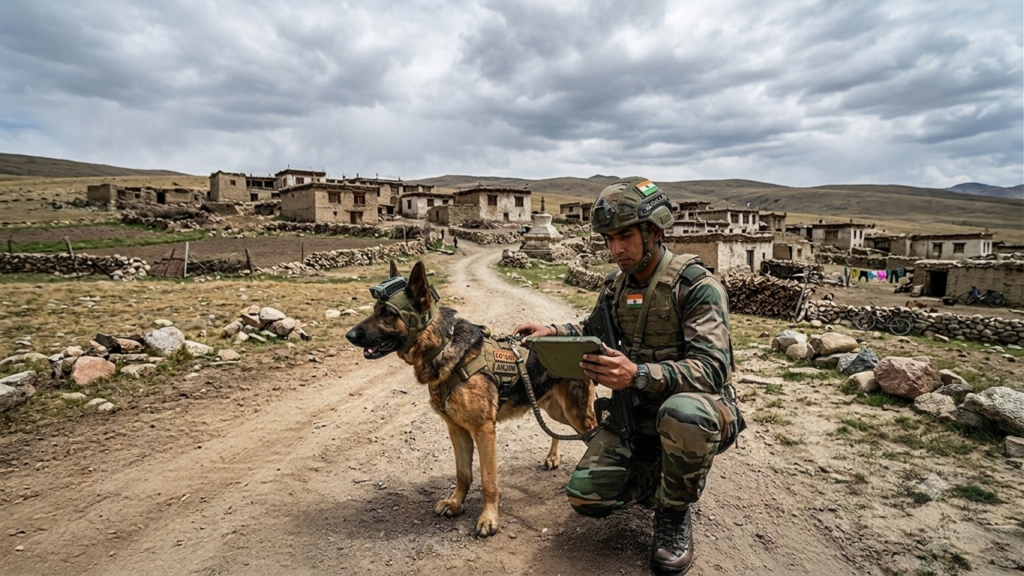 A K9 dog and an army personnel preparing for operation.