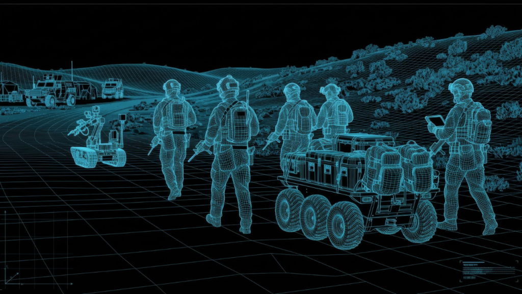 Blue 3D wireframe visualization of dismounted soldiers patrolling a dirt road accompanied by a 6-wheeled transport UGV and a tracked scout robot.